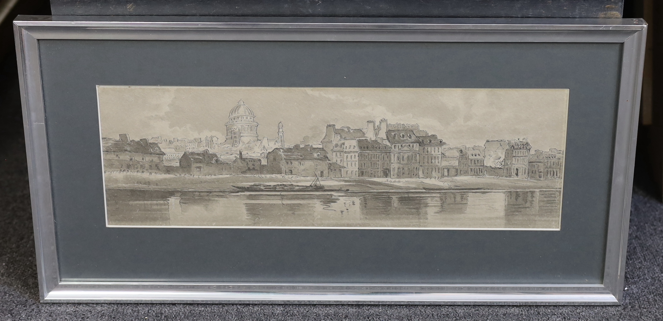 Attributed to Thomas Girtin (1775-1802), View Of The Pantheon Taken From The Arsenal (1802), monochrome watercolour, 14 x 43cm